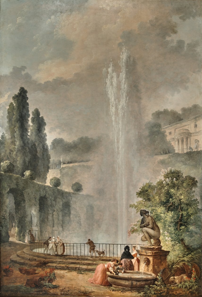 Tuinlandschap met een villa die uitkijkt op een grote fontein door Hubert Robert
