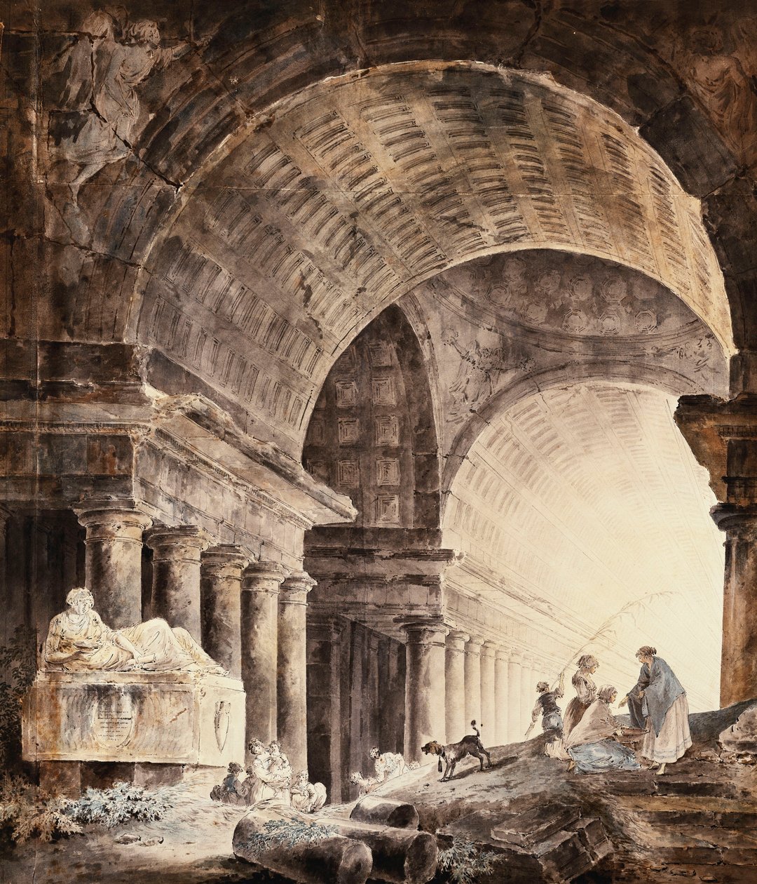 Een groot kruisgewelfd gebouw, met vrouwen en kinderen en een hond bij gebroken zuilen door Hubert Robert
