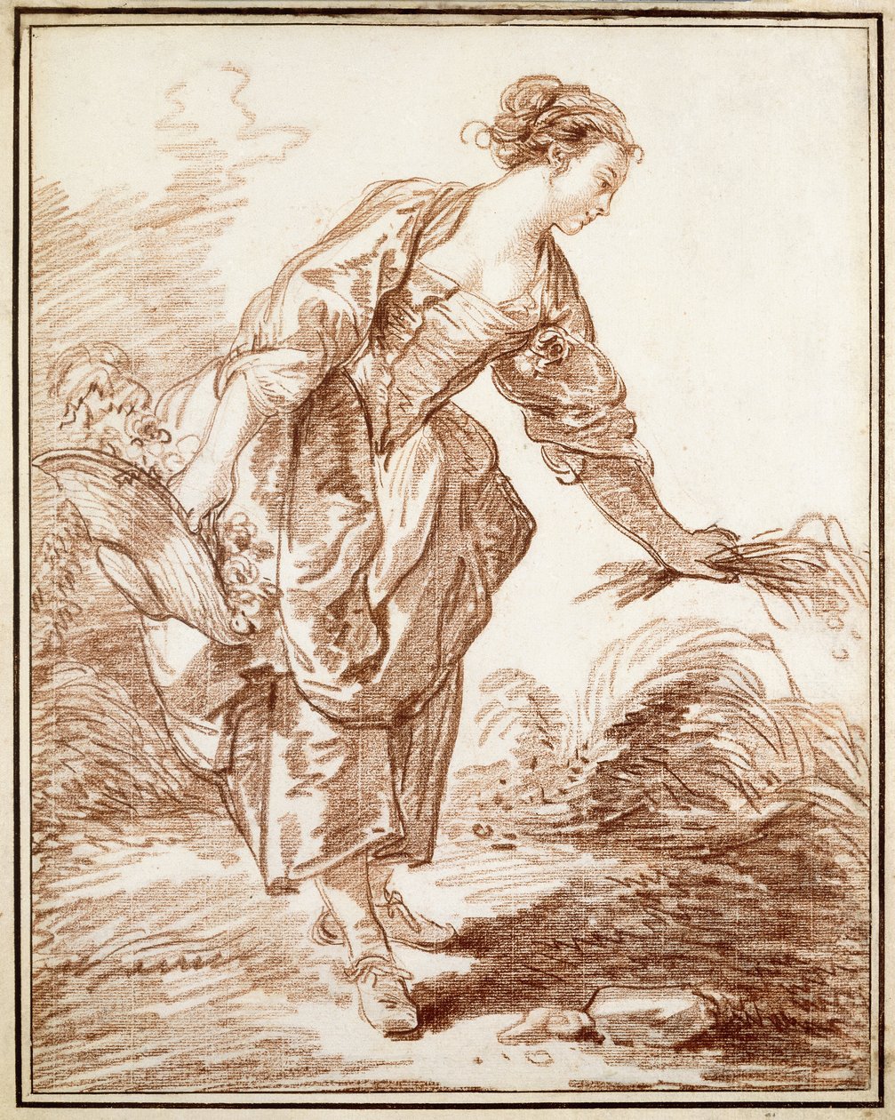 Een Herderin die Bloemen Plukt door Hubert Robert