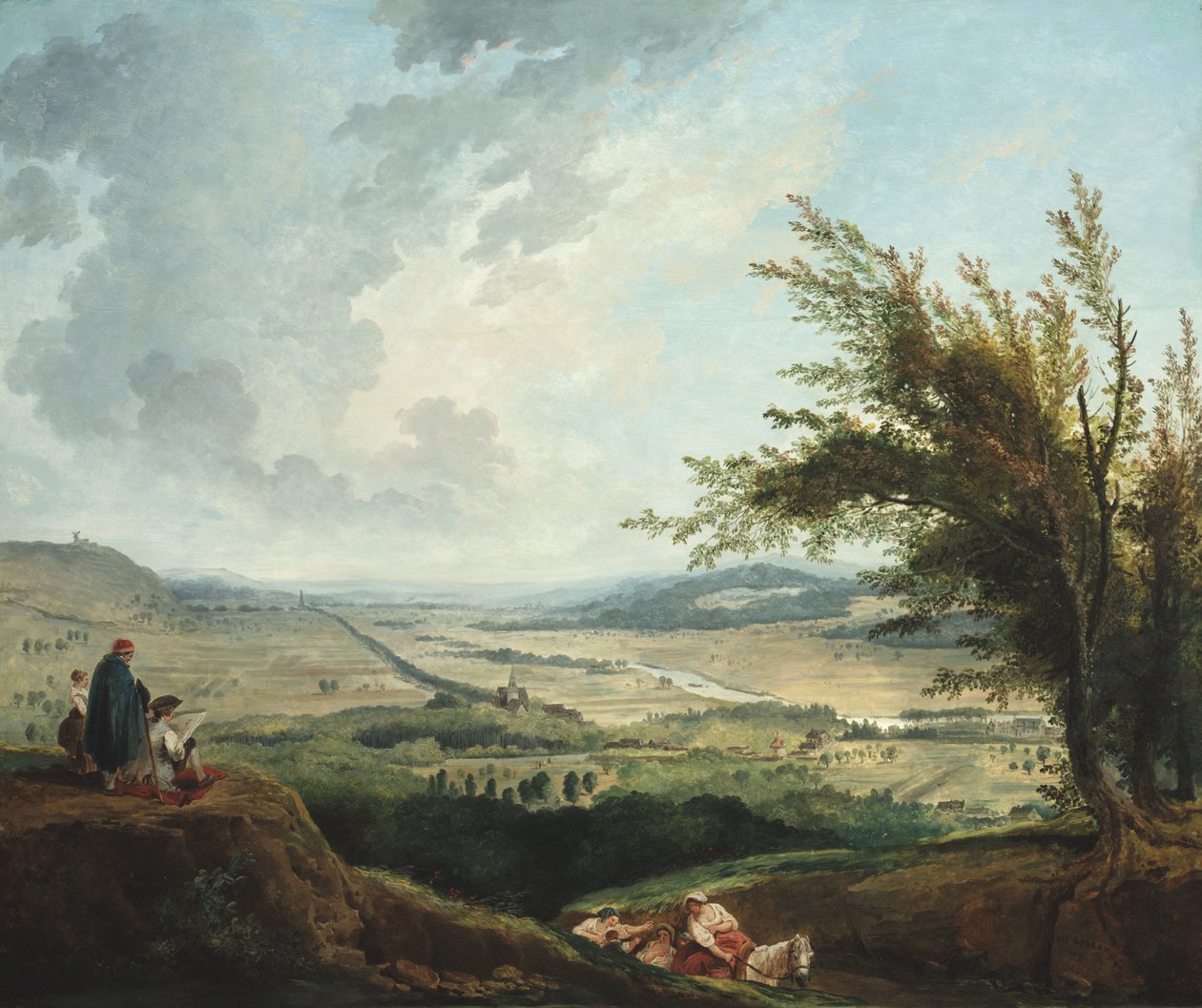 Een uitgestrekt landschap in de buurt van Parijs door Hubert Robert