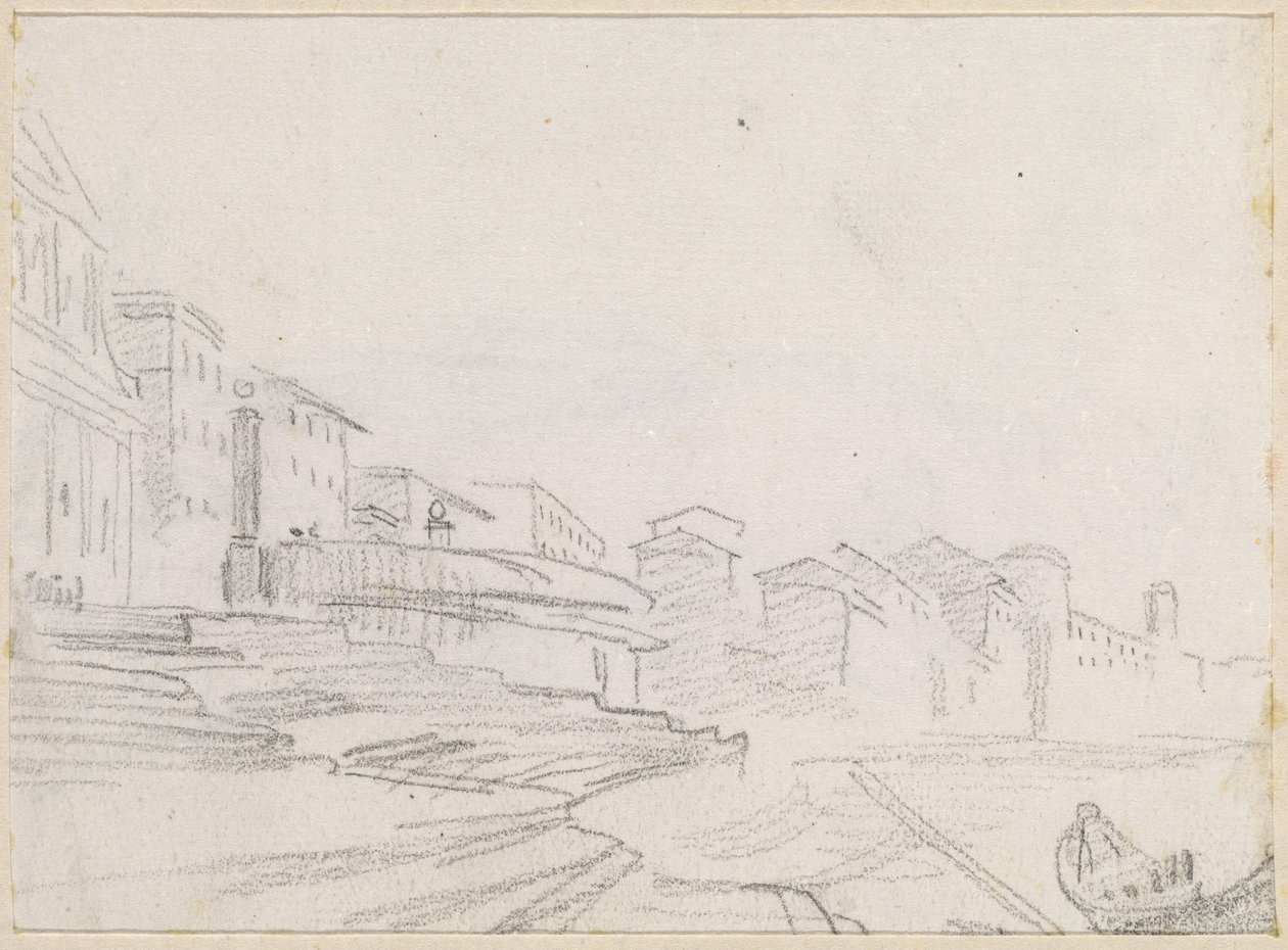Gebouwen langs een Rivieroever door Hubert Robert