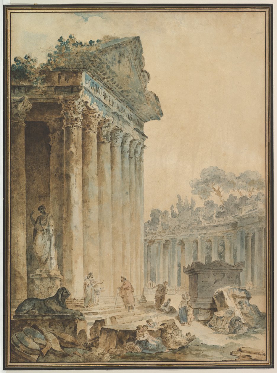 Capriccio met een oude tempel door Hubert Robert