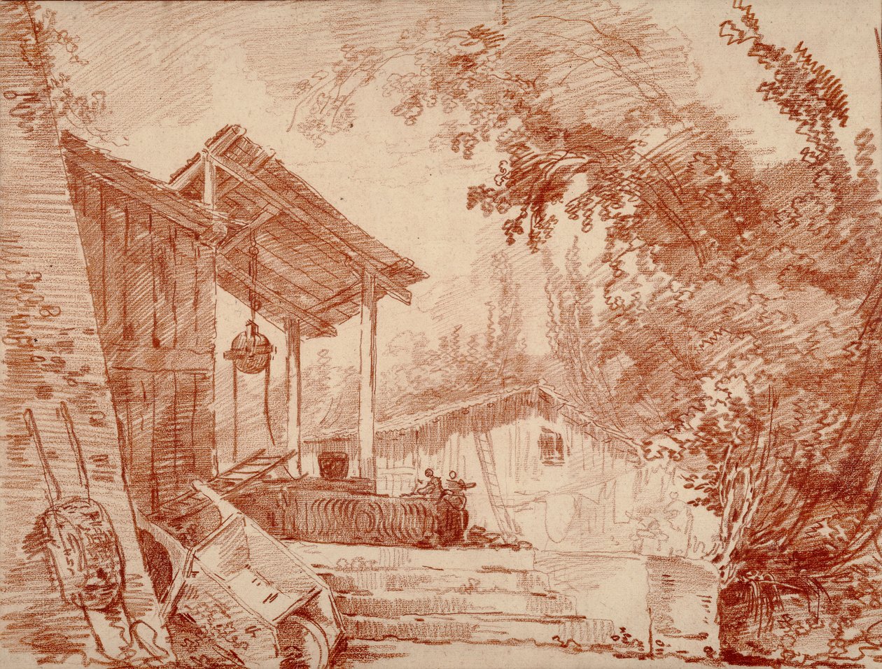 Boerderijplein met twee figuren bij een waterput en een grote kruiwagen op de voorgrond door Hubert Robert