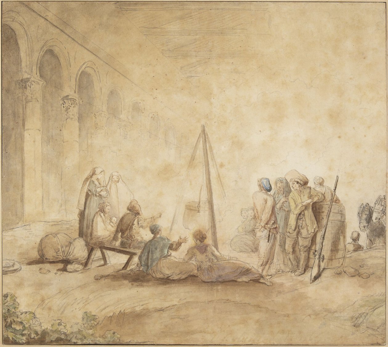 Figuren rond een vuur door Hubert Robert