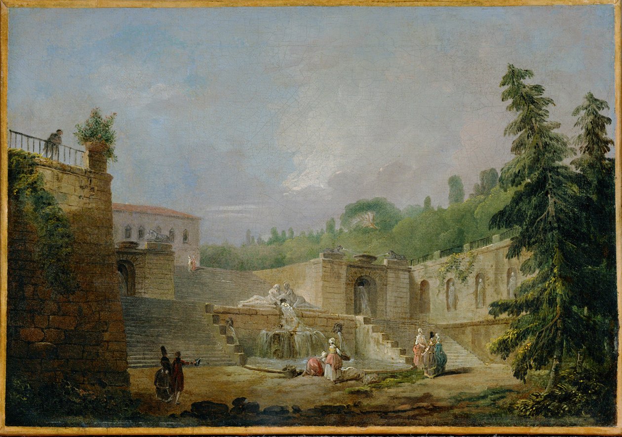 Fontein op een terras (schilderij op doek) door Hubert Robert