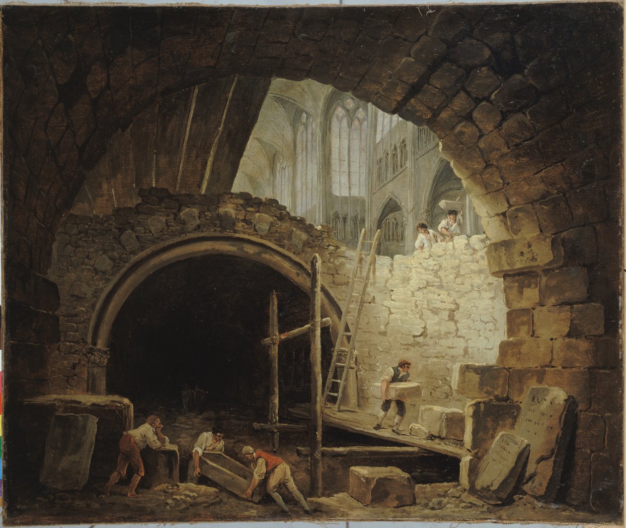 Frans: La Violation des caveaux des rois dans la basilique de Saint-Denis, en octobre 1793 Plundering van koninklijke graven in de basiliek van Saint-Denis, oktober 1793 door Hubert Robert
