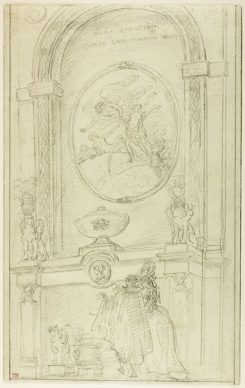 Interieur met een koppel voor een schoorsteenstuk door Hubert Robert