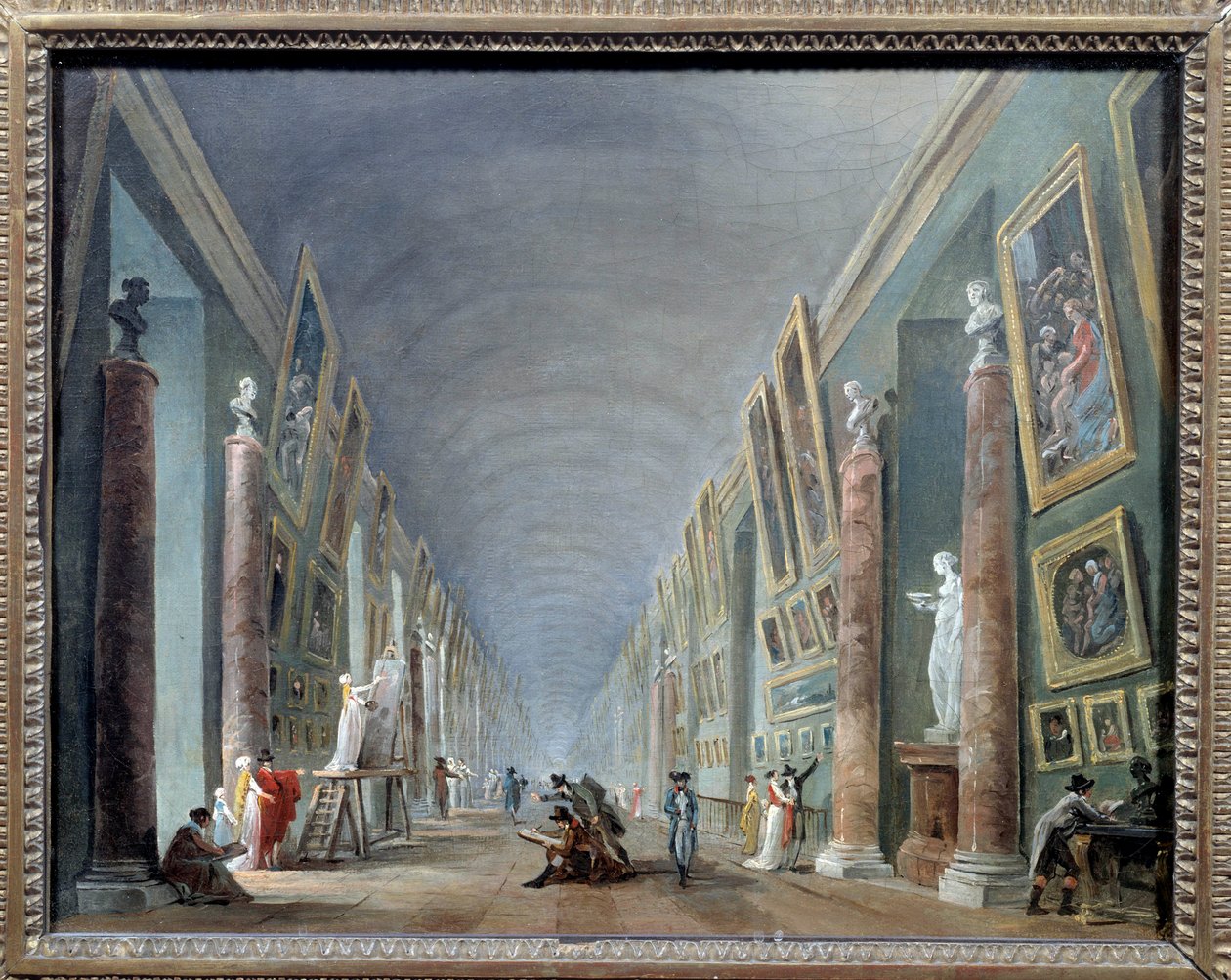 La grande galerie du Louvre tussen 1801 en 1805 Schilderij door Hubert Robert (1733-1808) Sun. 0,37 x 0,46 Musee du Louvre, Parijs door Hubert Robert