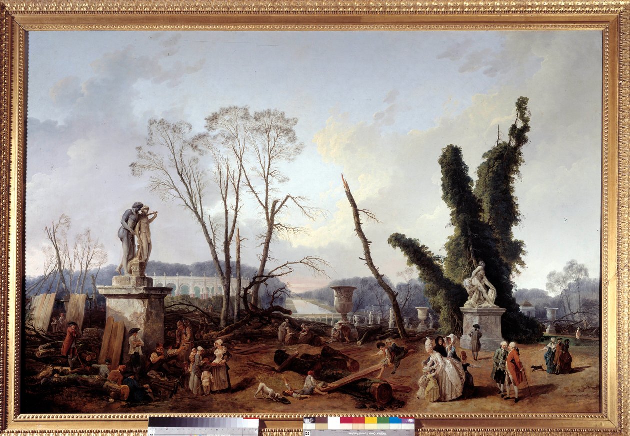 Le Carpet Vert ten tijde van de bomenkap in de winter van 1774-1775 in de tuinen van Versailles (op de voorgrond, Koning Lodewijk XVI en Koningin Marie-Antoinette). Het groene tapijt wordt ook wel de koninklijke laan genoemd. Schilderij door Hubert Robert  door Hubert Robert