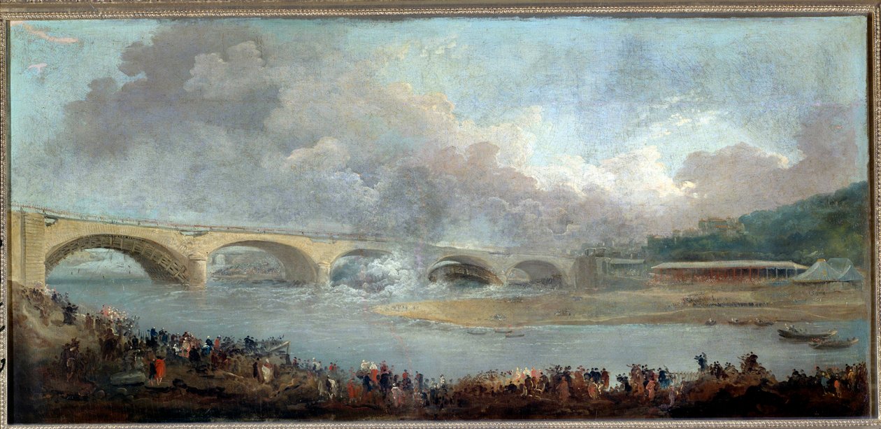 Le decintrement du pont de Neuilly le 22/09/1772 door Hubert Robert