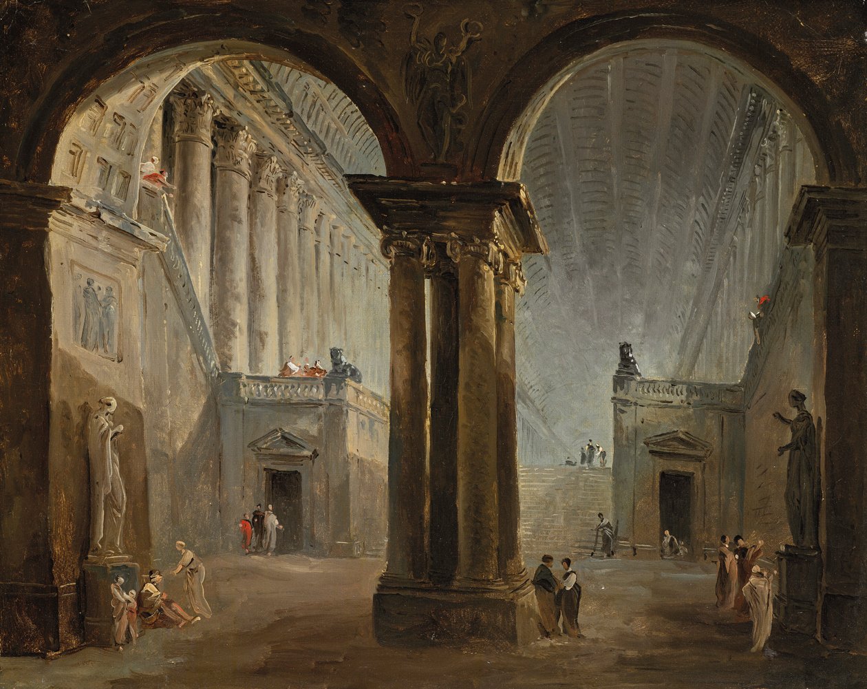 Mensen in een antiekgalerie door Hubert Robert