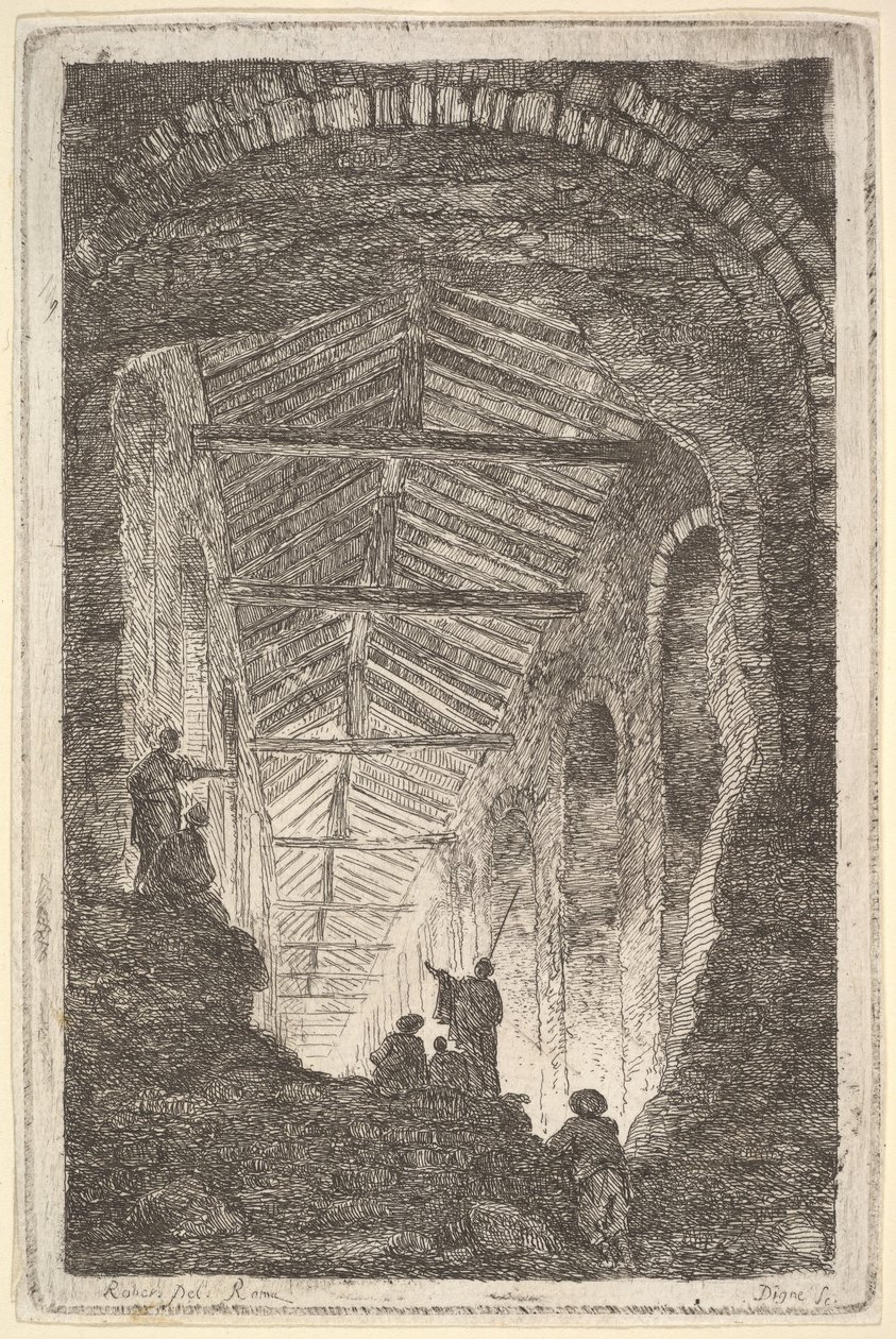 Plaat 10: De Oude Galerij: een grote overdekte galerij, licht dat binnenkomt van achteren door Hubert Robert