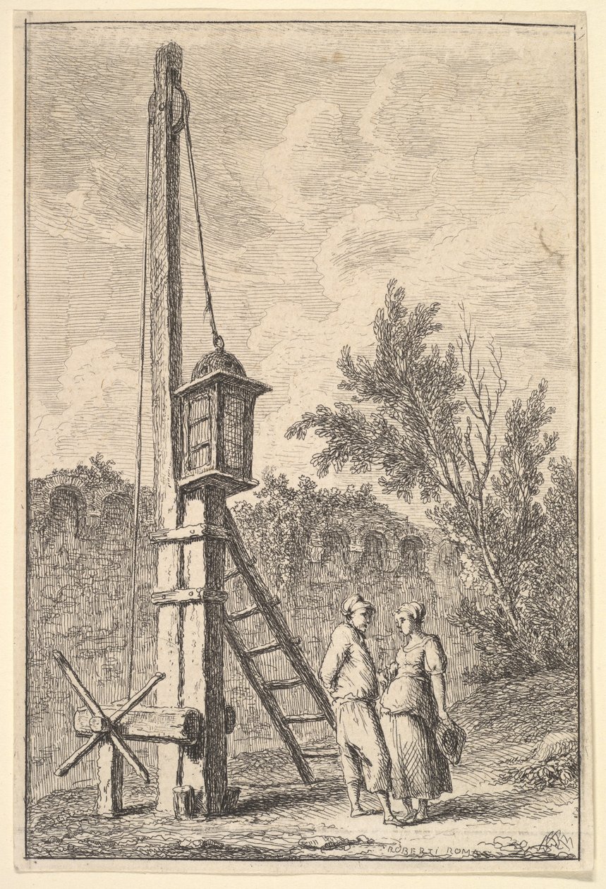 Plaat 9: De Katrol: een man en een vrouw in gesprek naar rechts, een lantaarn hangt aan een paal..., ca. 1763-64 door Hubert Robert