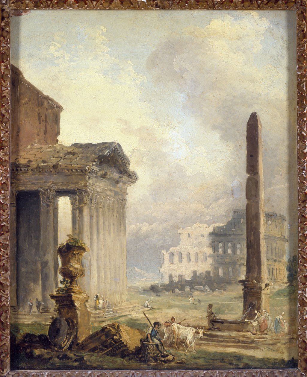 Romeinse ruïnes, het Forum met het Colosseum en de obelisk door Hubert Robert