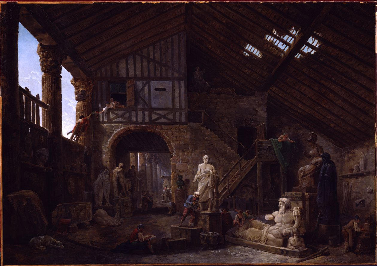 Atelier van een restaurateur van oudheden in Rome door Hubert Robert
