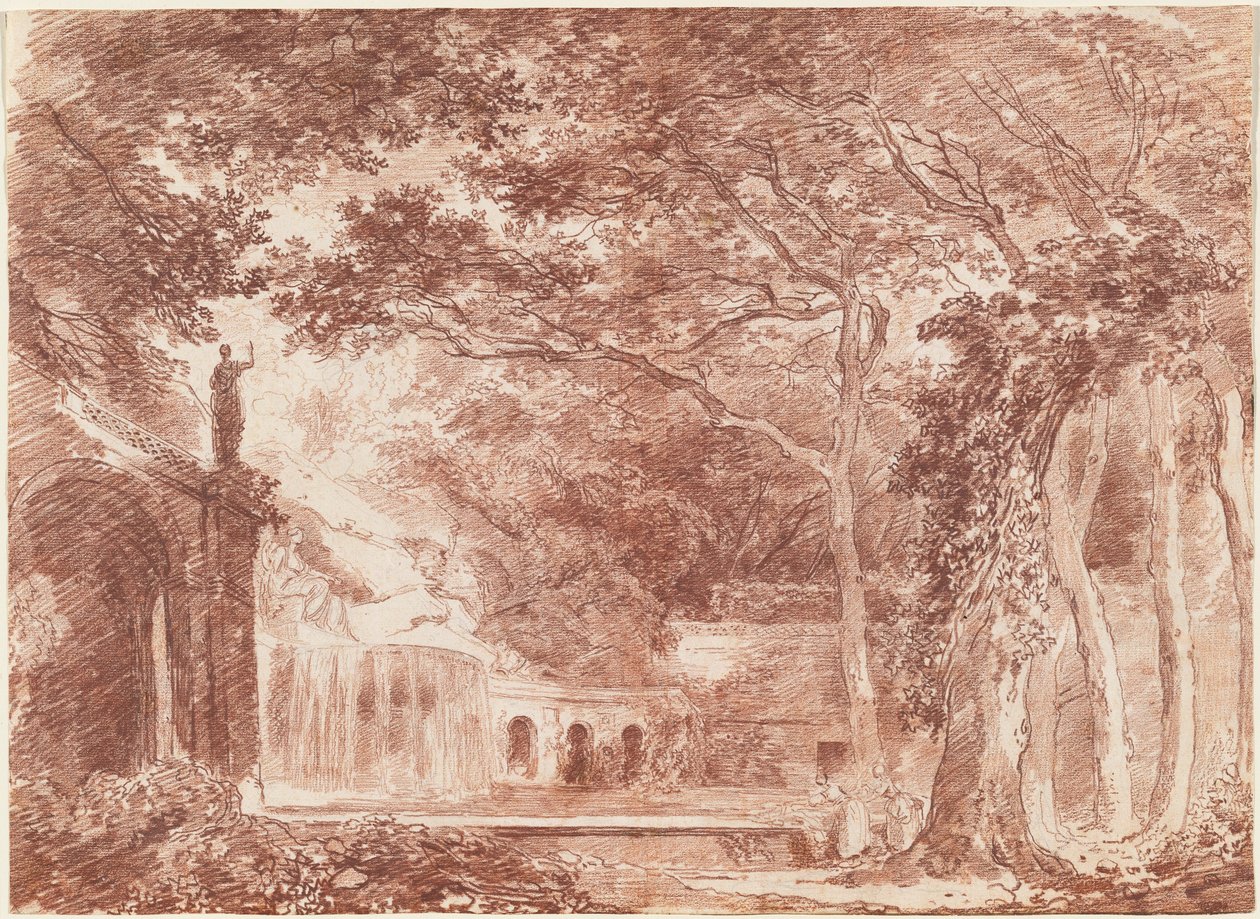 De ovale fontein in de tuinen van de Villa d