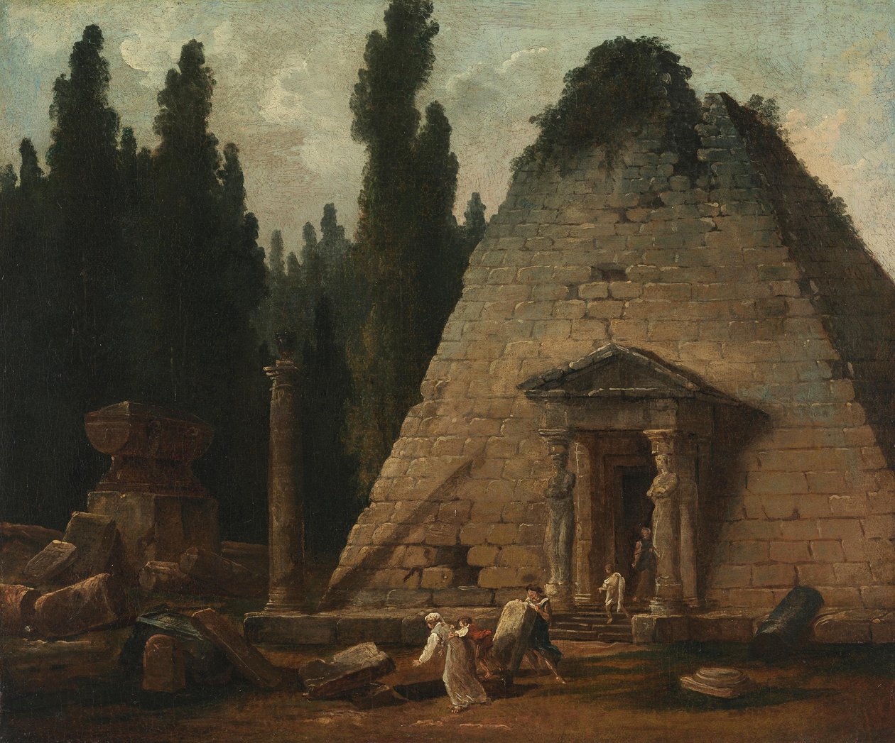 De piramide in de tuinen van Mauperthuis door Hubert Robert