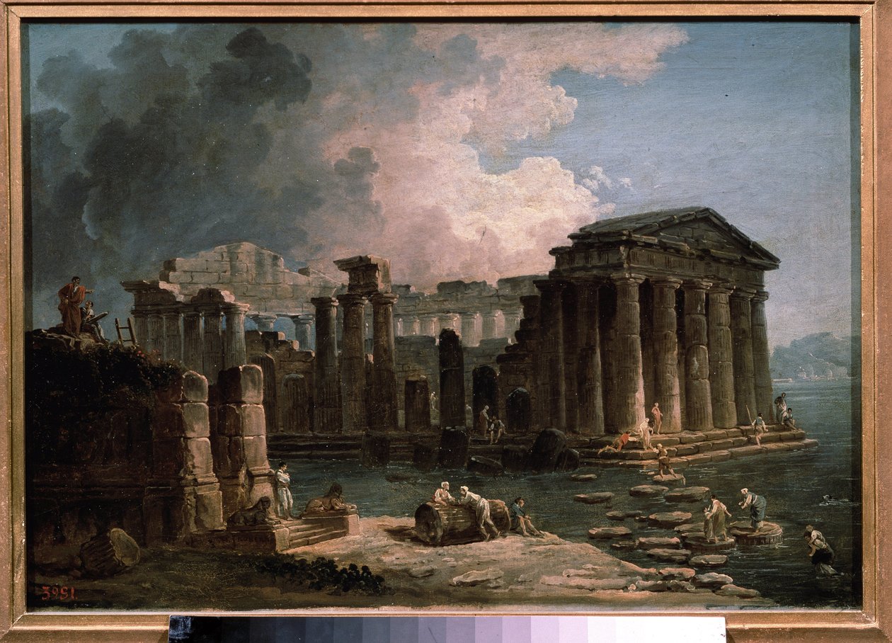 Een tempel omringd door water door Hubert Robert