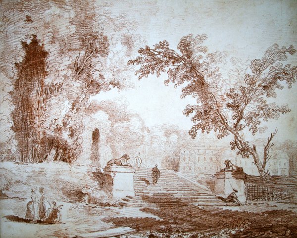 Uitzicht op een Tuin met een Terras door Hubert Robert