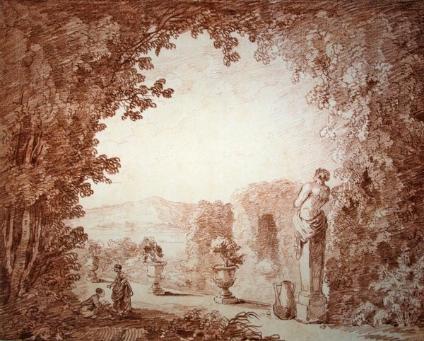 Uitzicht op een tuin met beelden (rode krijt op papier) door Hubert Robert