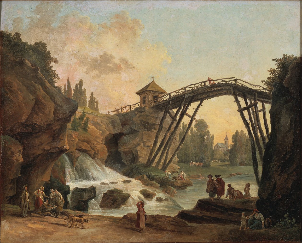 Uitzicht op de grot en de rustieke brug in de landschapstuin van Méréville door Hubert Robert