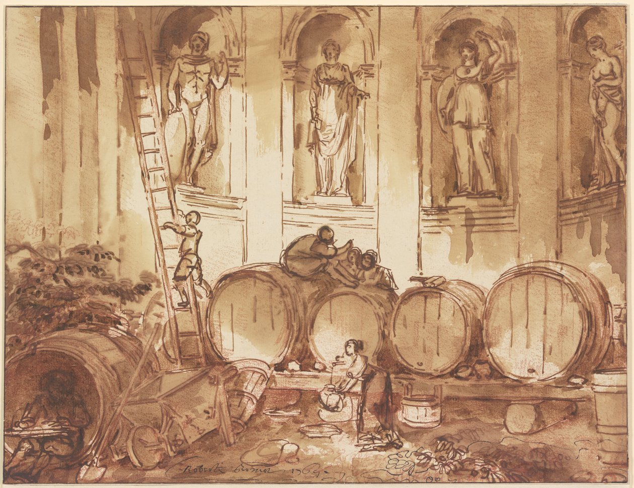 Wijnopslagplaats in een niszaal met vier beelden van goden uit de oudheid door Hubert Robert