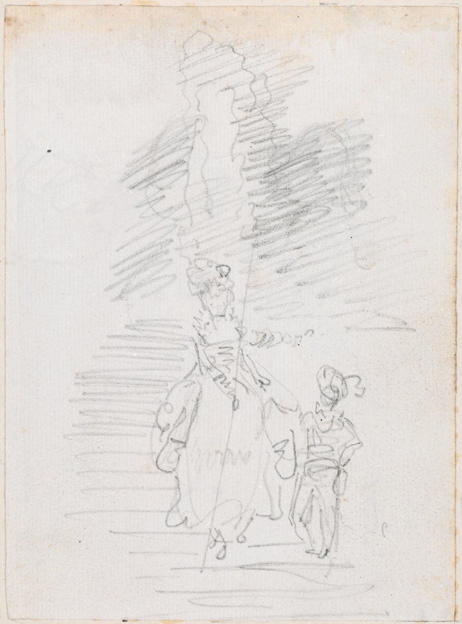 Vrouw en Kleinere Mannelijke Figuur op Grote Trap [recto] door Hubert Robert