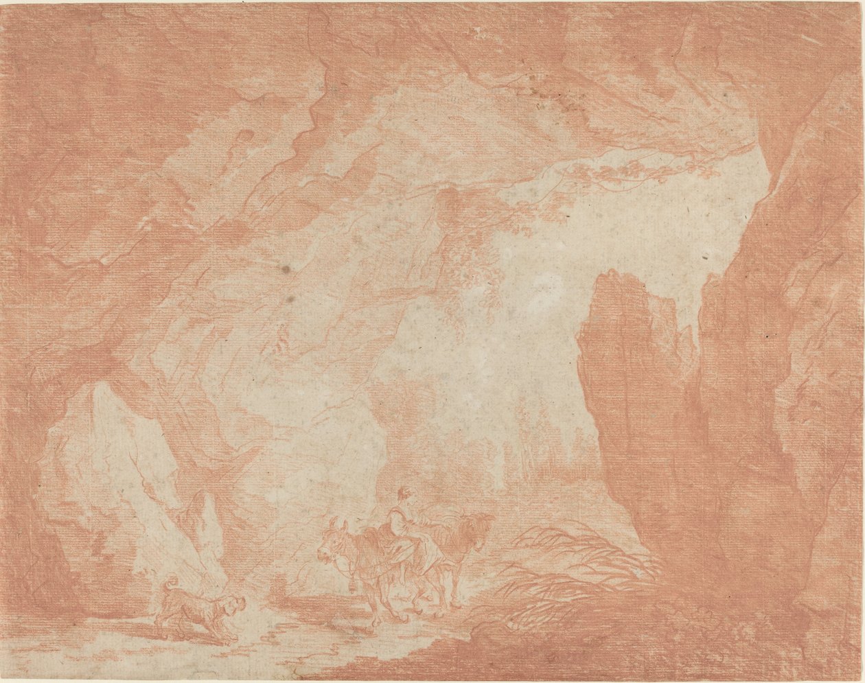Jonge Vrouw met Ezelrijden onder een Natuurlijke Brug door Hubert Robert