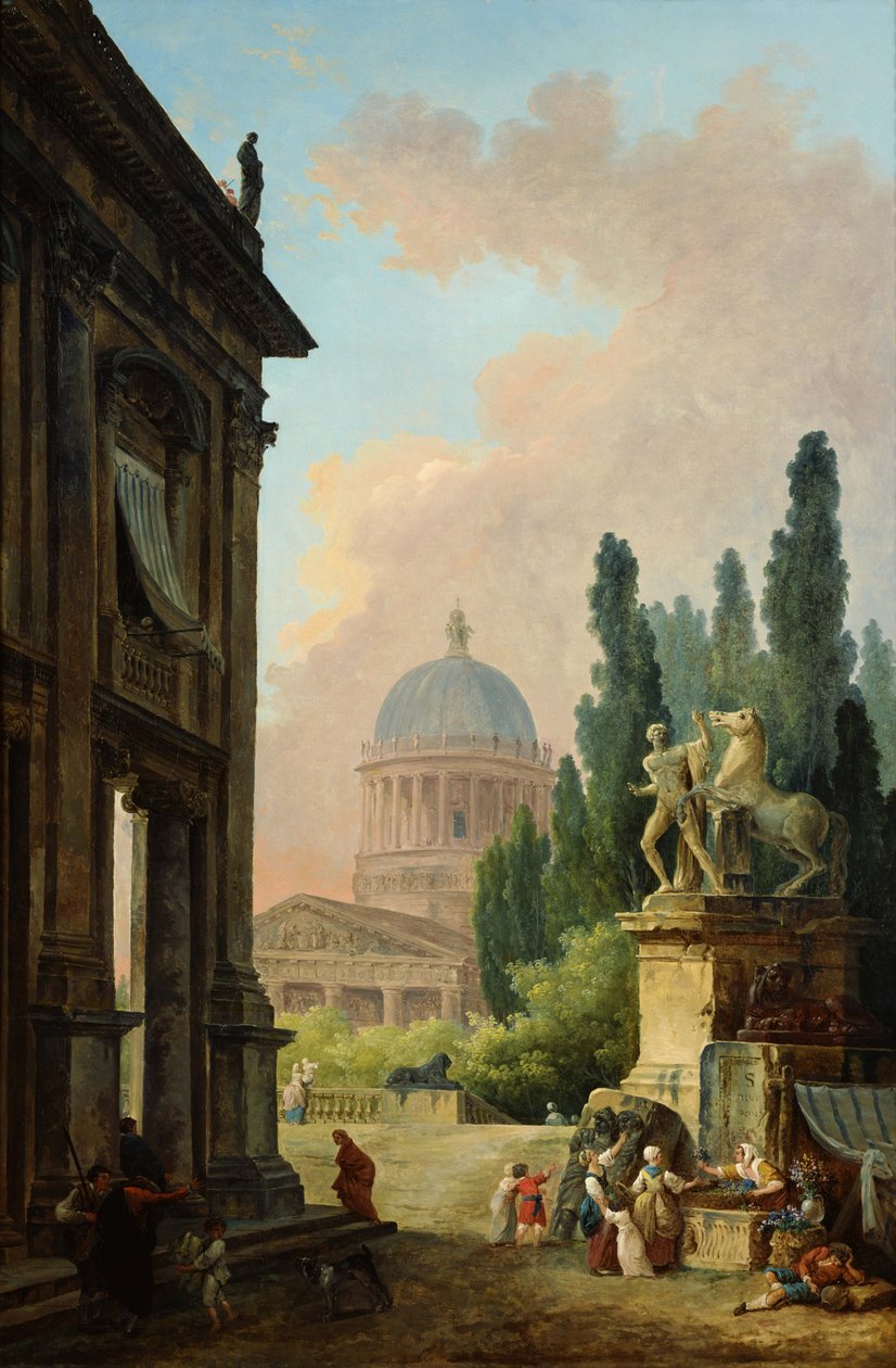 Een fantasiebeeld van het Romeinse landschap met uitzicht op het reusachtige standbeeld en de basiliek van Monte Cavallo door Hubert Robert