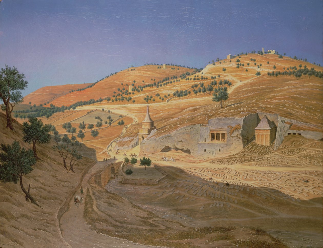 Heuvelachtig landschap met Arabieren en een verwoeste tempel door Hubert Sattler