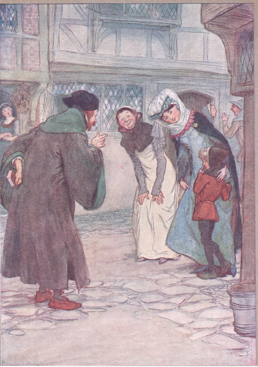 Kom op, kerel, antwoord je meester, wees niet bang, illustratie uit The Merry Wives of Windsor, 1910 door Hugh Thomson