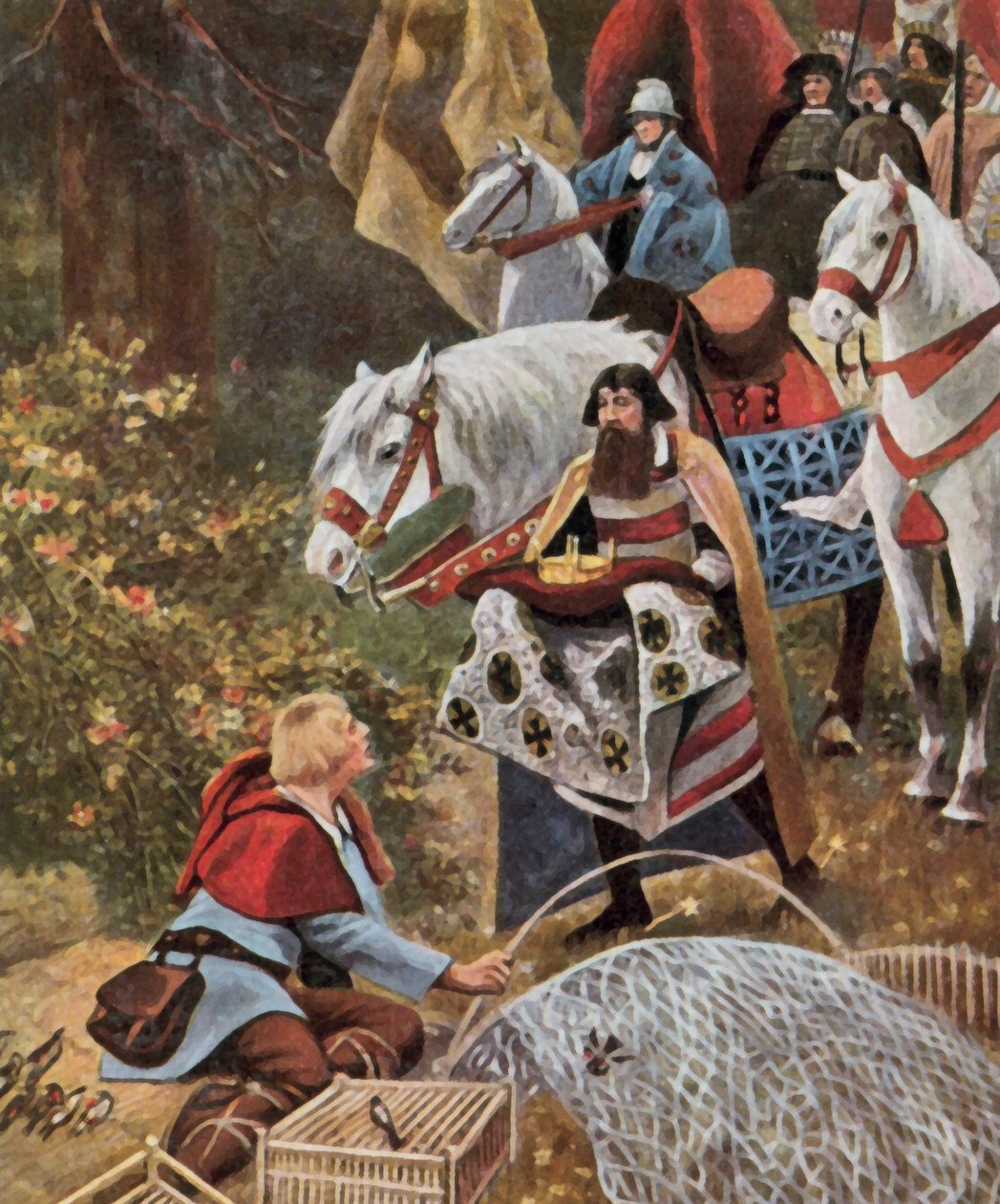 De Duitse koninklijke kroon wordt aangeboden aan Hendrik de Voerman, 919 (kleurenlitho) door Hugo (after) Vogel