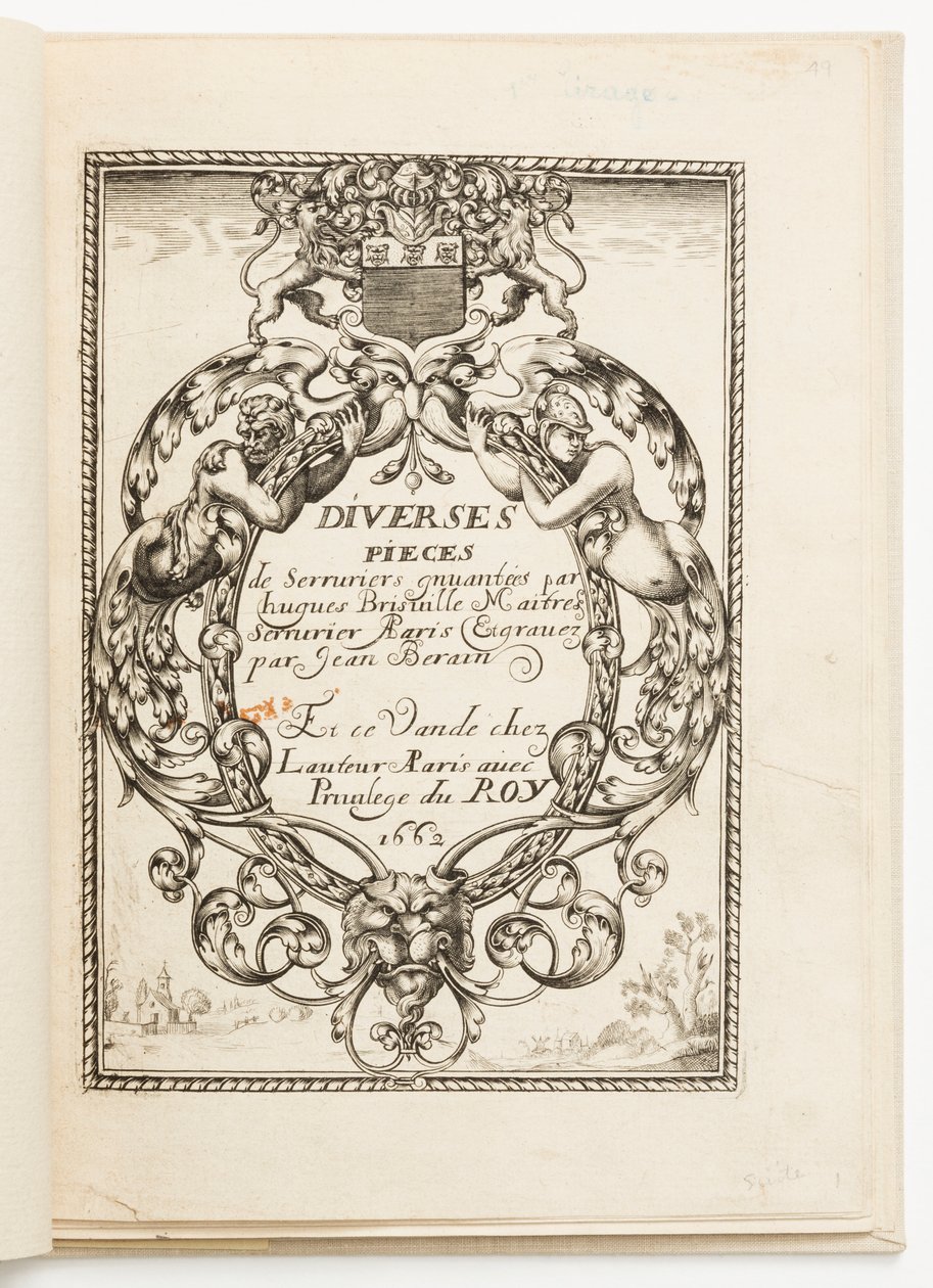 Titelpagina, uit Diverses pièces de serruriers (Verschillende Ontwerpen voor Slotmakers) door Hugues Brisville