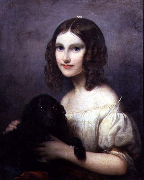 Portret van een jong meisje met haar hond door Hugues Merle