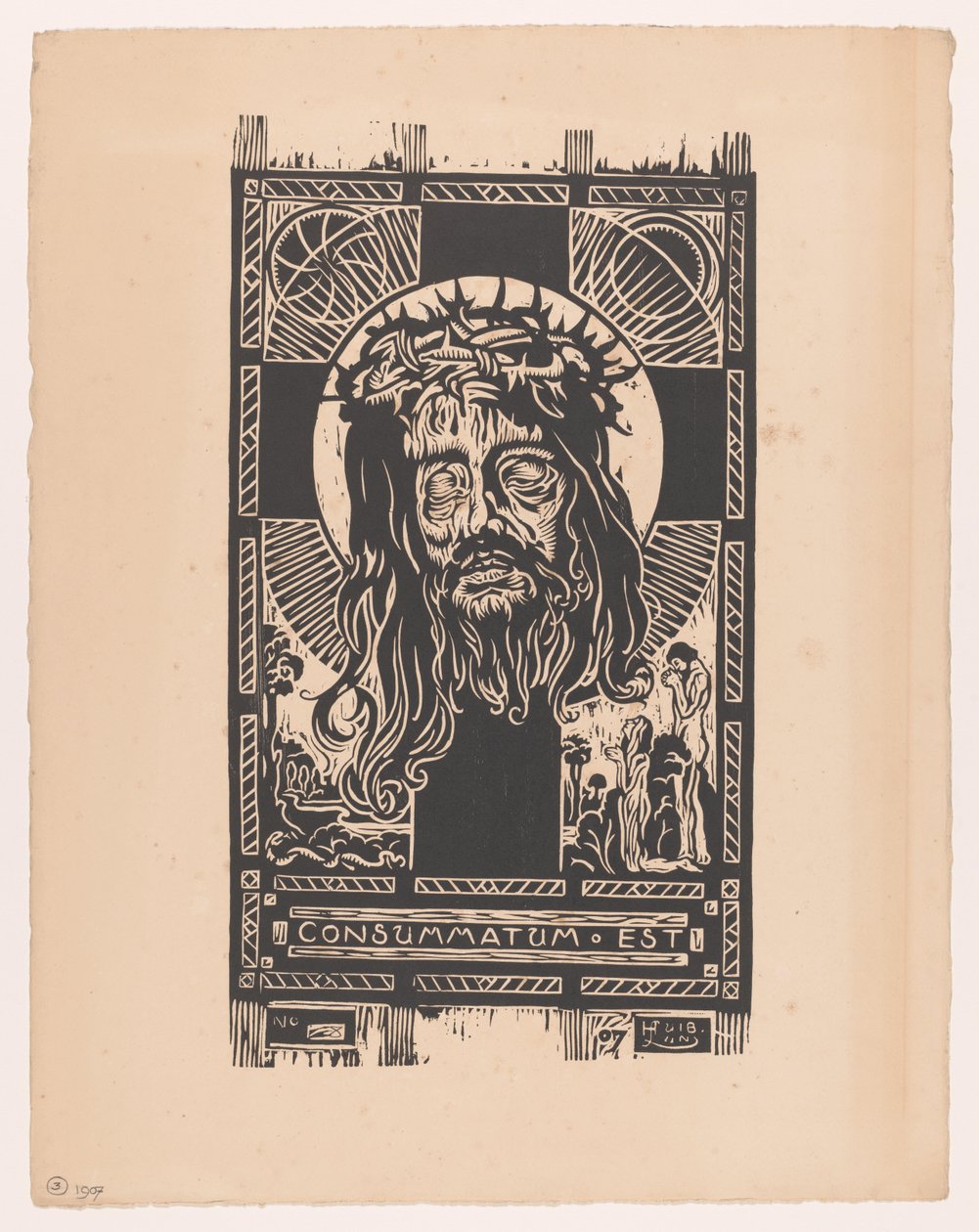 Hoofd van Christus met doornkrans voor een kruis, aanbeden door een man en vrouw door Huib Luns