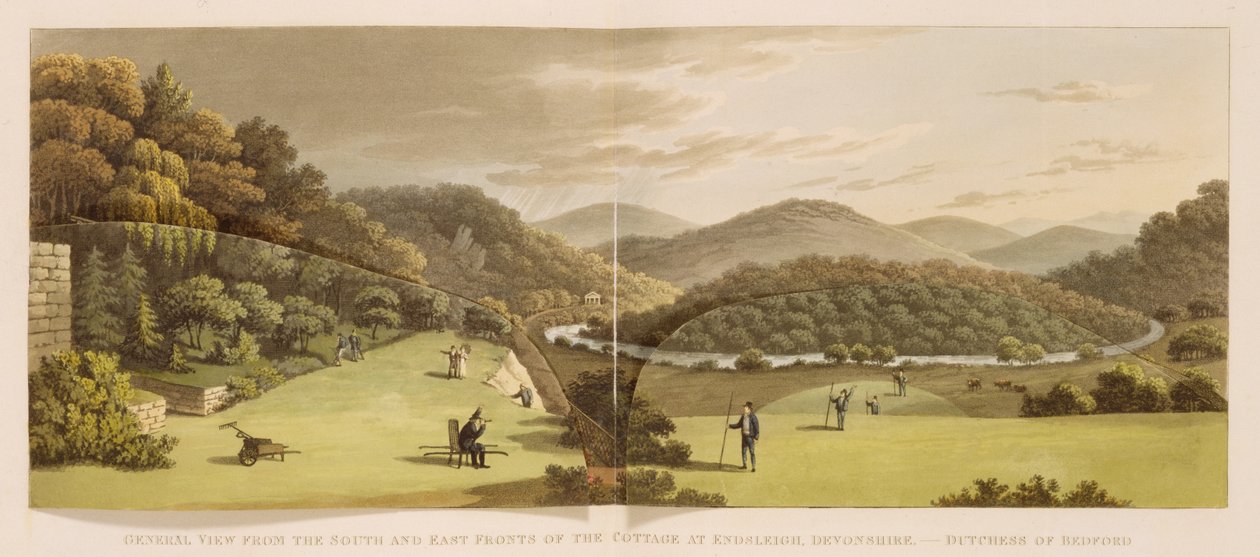 Algemeen uitzicht vanaf de zuid- en oostkant van het huisje in Endsleigh, Devon (voor) uit 