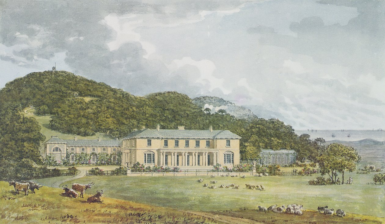 Zuidgevel met westgevel in perspectief, uit het Rode Boek voor Antony House, c.1812 door Humphry Repton