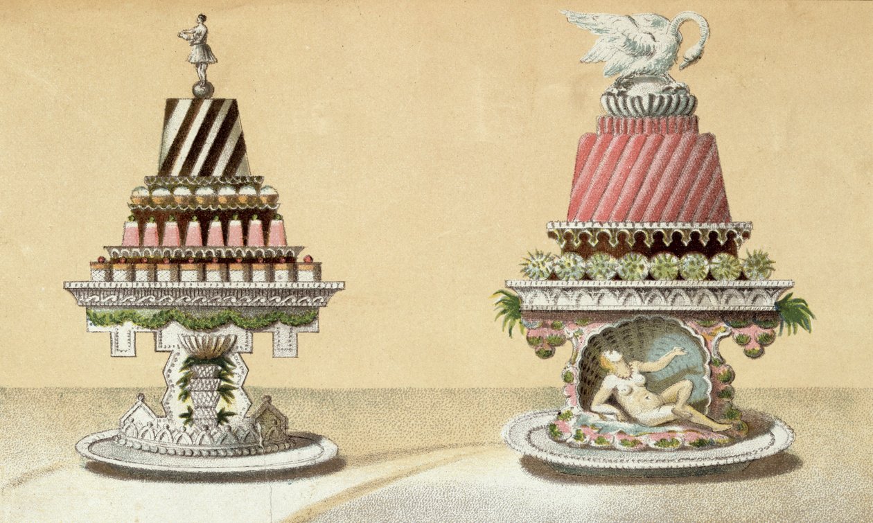 Ontwerp voor de presentatie van Charlottes a la Reine & Pain de Framboises a la Leda, illustratie uit een Hongaars kookboek over Franse keuken, ca. 1880 door Hungarian School