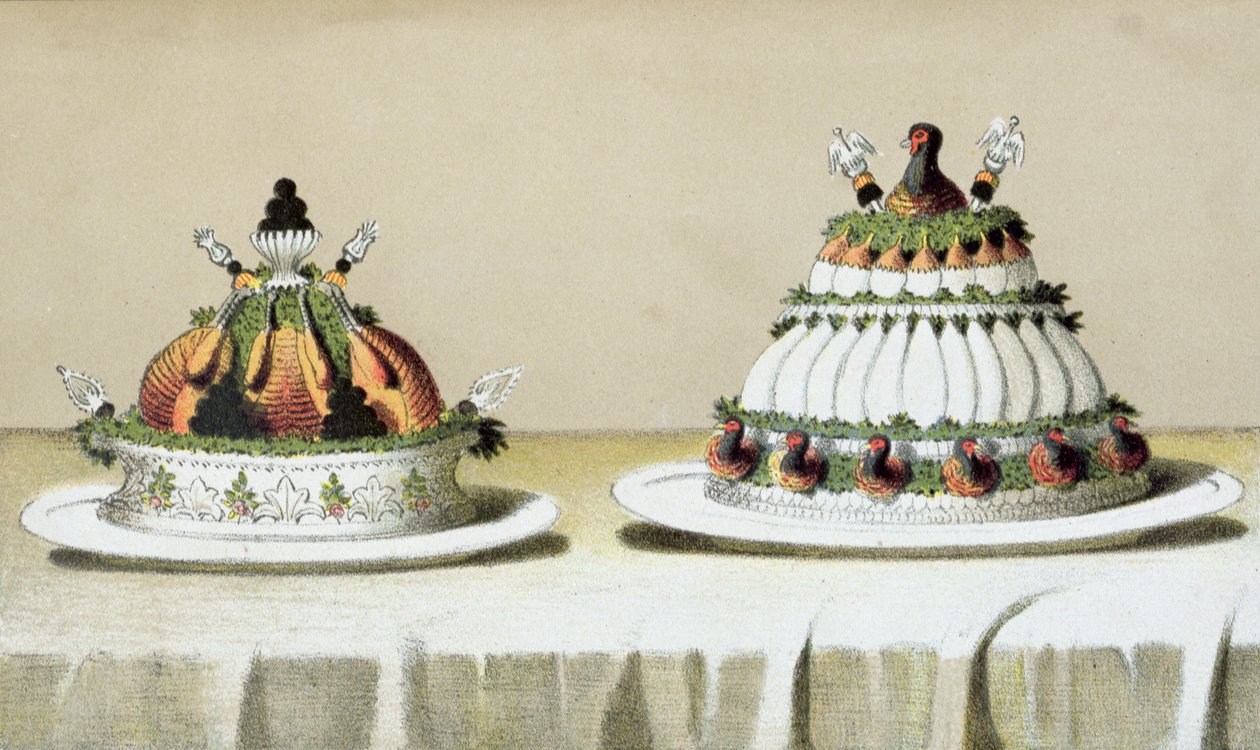 Ontwerp voor de presentatie van kip gevuld met foie gras en fazantenborsten gekookt op Berthold wijze, illustratie uit een Hongaars kookboek over Franse keuken, ca. 1880 door Hungarian School