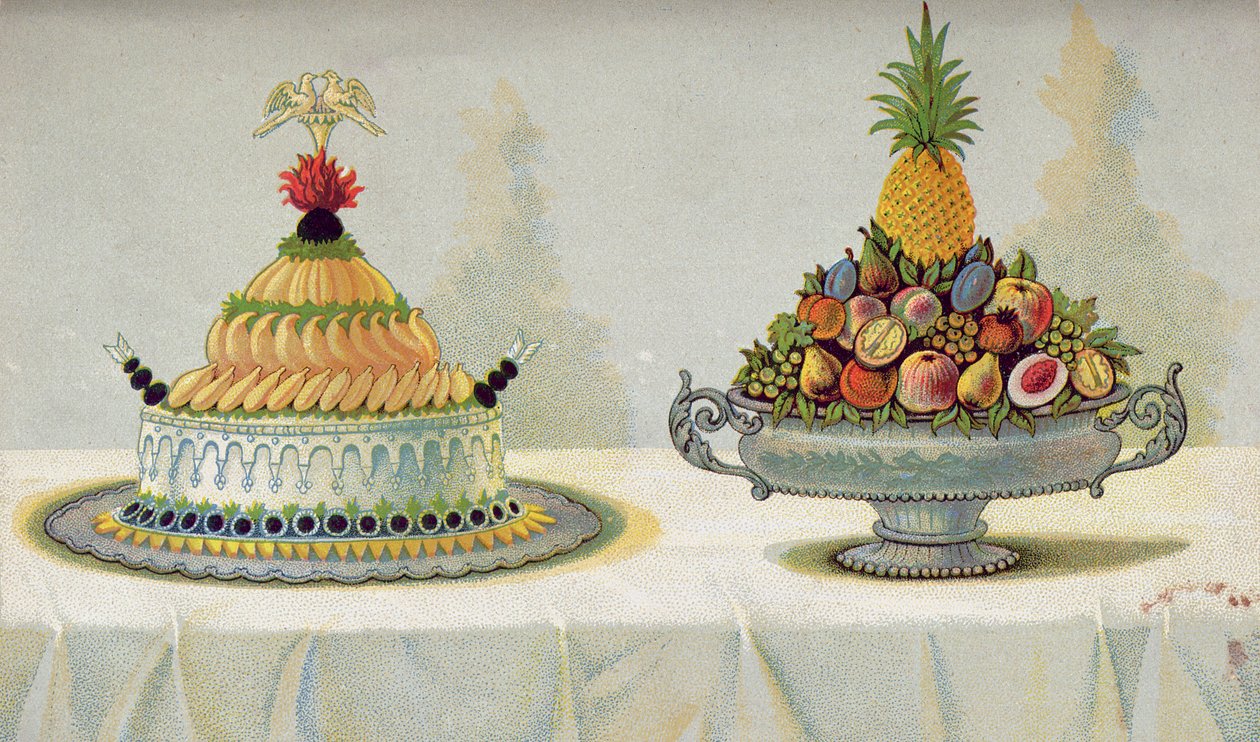Ontwerp voor de presentatie van poelierkip met mayonaise en aspic op een bed van boter en ijs en fruit, illustratie uit een Hongaars kookboek over Franse keuken, ca. 1880 door Hungarian School
