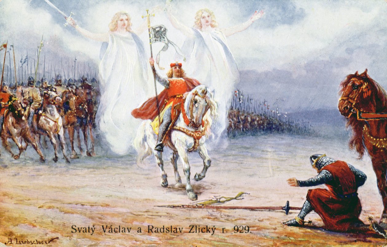 Hertog van Kourim geeft zich over aan Sint-Wenceslaus na het zien van twee engelen die de heilige vergezellen door Hungarian School