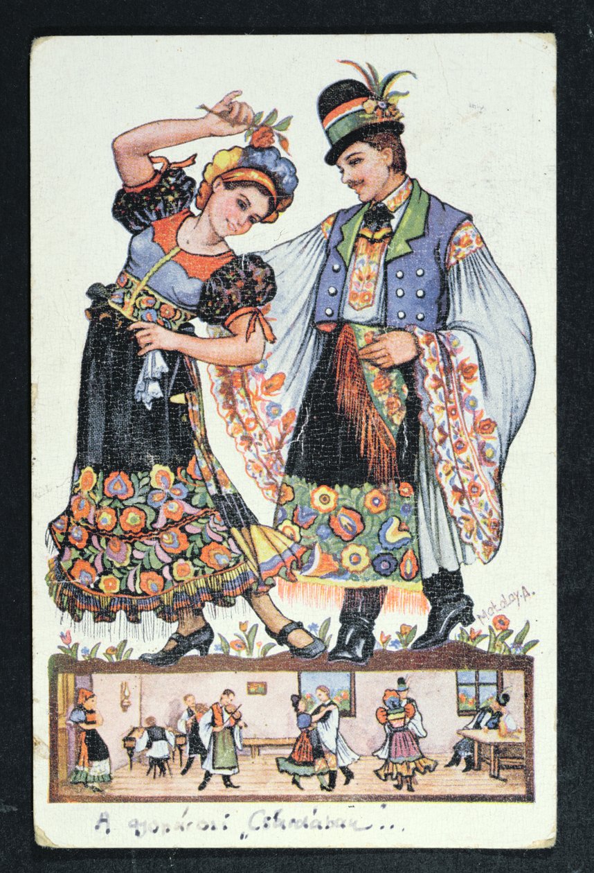 Ansichtkaart met een Hongaars paar dat een traditionele dans uitvoert, 1943 door Hungarian School