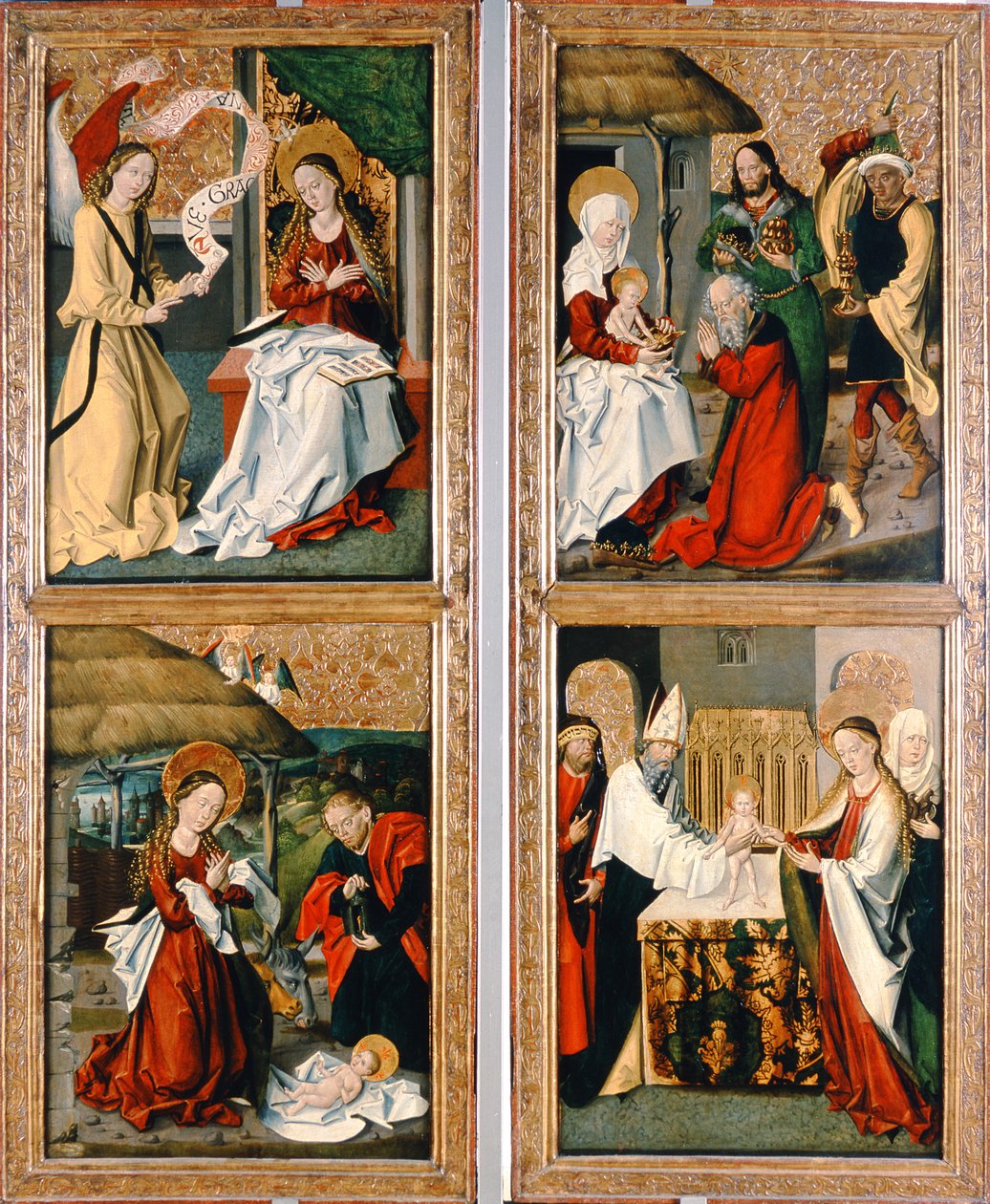 De Aankondiging, de Geboorte van Christus, de Aanbidding door de Wijzen en de Presentatie in de Tempel van het Szepeshely-altaarstuk, 1480-90 door Hungarian School