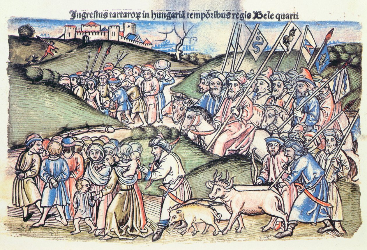 De Mongoolse invasie van Hongarije in 1241 tijdens het bewind van Béla IV door Hungarian School