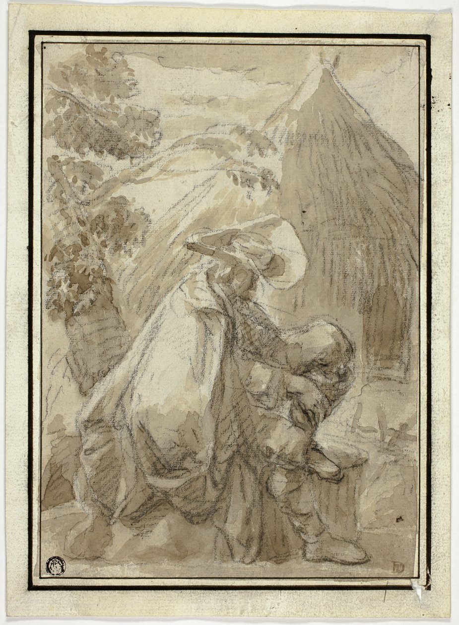 Zittende man in mantel door Thatched Hut door III Follower of Herman Saftleven