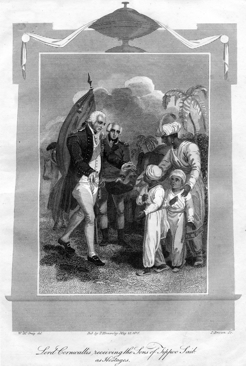 Lord Cornwallis ontvangt de zonen van Tippoo Saib als gijzelaars door I. Brown