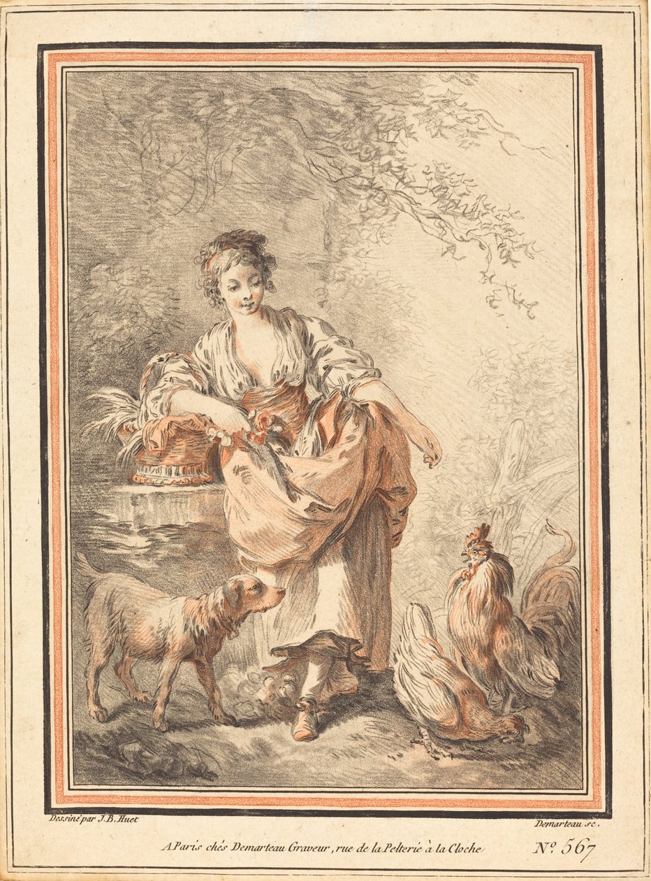 Vrouw die Kippen Voert door I Gilles Antoine Demarteau after Jean Baptiste Hüet