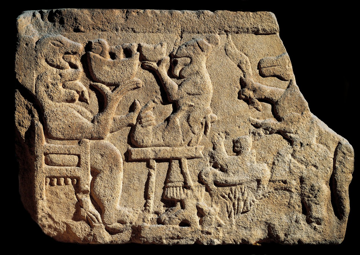 Iberische kunst: laag reliëf dat een mythologische banketscène voorstelt waar een god van de onderwereld twee hoofden heeft met zijn mond open voor een offeraltaar. Rond 500 v.Chr. afkomstig uit het graf van Pozo Moro, Spanje. Madrid, Museo Arqueologico Na door Iberian