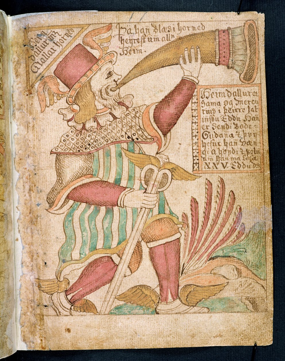 Heimdal die zijn hoorn blaast voor Ragnarok, uit Melsteds Edda door Icelandic School
