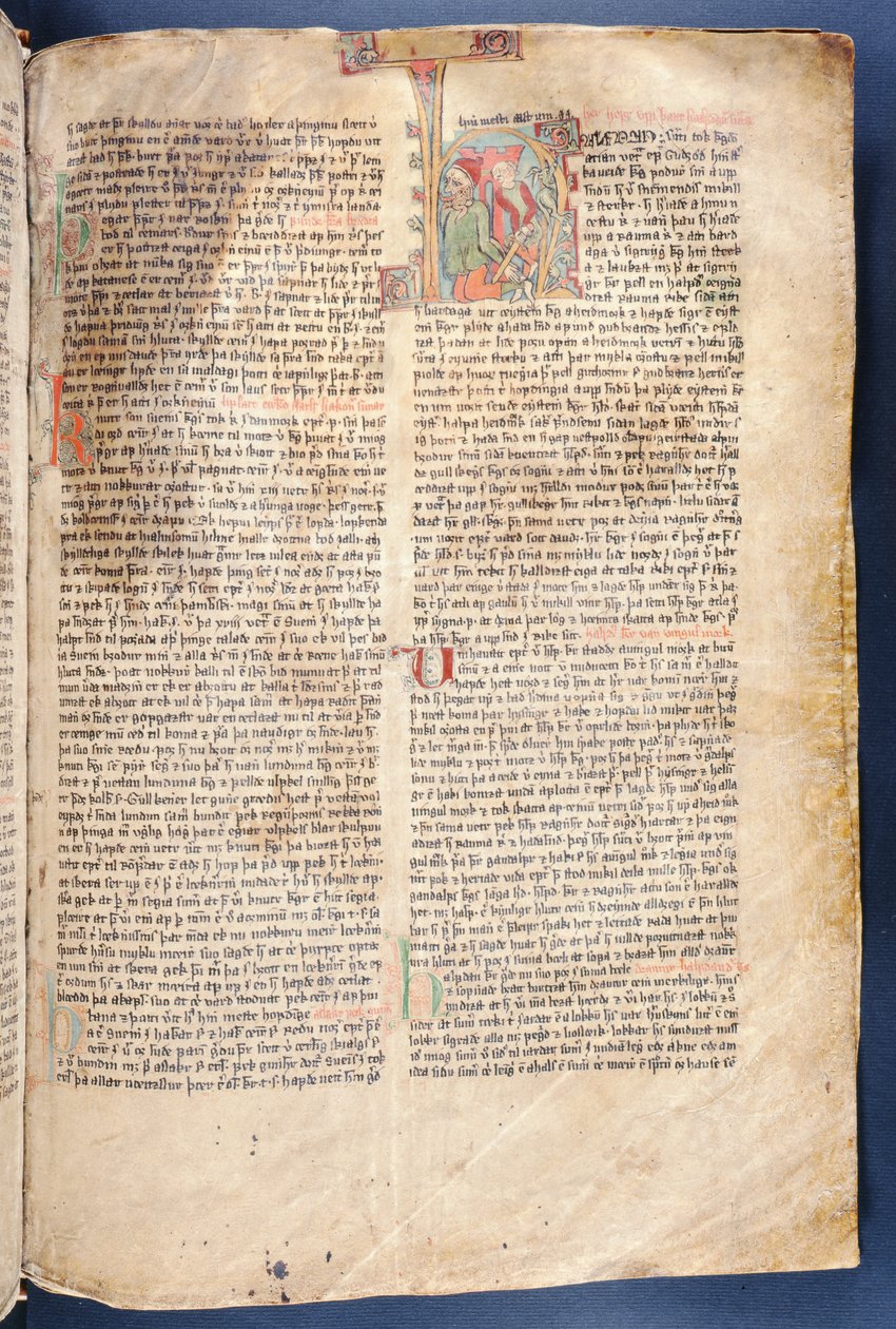 Het begin van Het Verhaal van Halfdan de Zwarte, uit Flateyjarbok (Het Boek van Flatey) laat 14e eeuw door Icelandic School